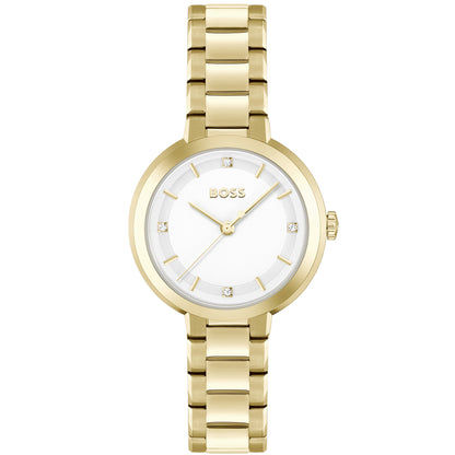 Damenarmbanduhr mit goldenem Gliederarmband, rundem Gehäuse und weißem Zifferblatt