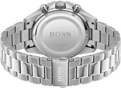 Męski zegarek chronograf, tył koperty z napisem BOSS i srebrną bransoletą ze stali szlachetnej
