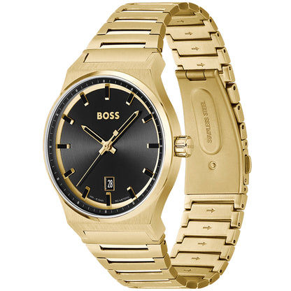 Goldfarbene Damenarmbanduhr mit schwarzem Zifferblatt, Zeigern und Datumsanzeige