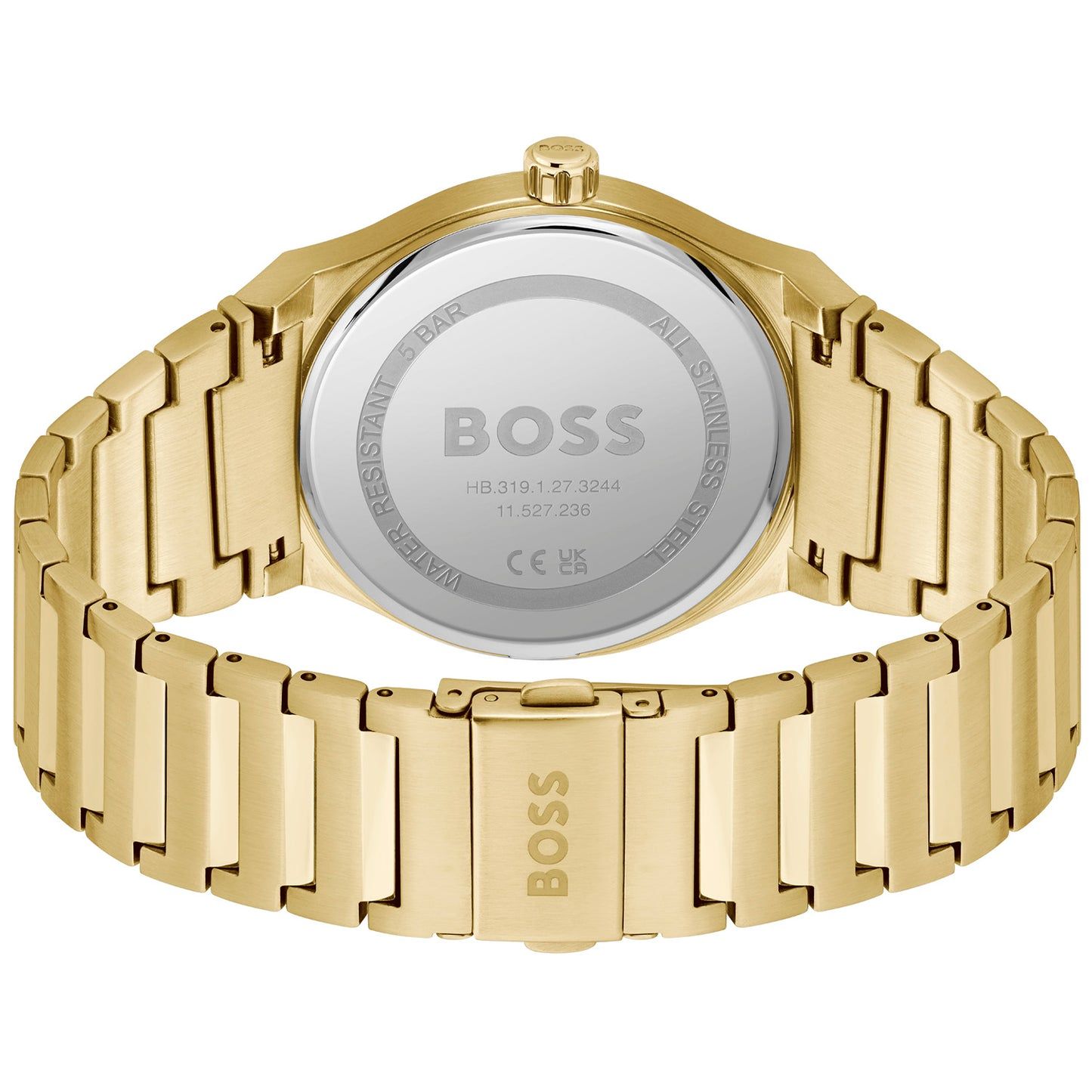Rückseite einer goldfarbenen Damenarmbanduhr mit BOSS Aufdruck und Metallarmband