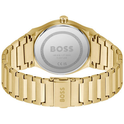 Rückseite einer goldfarbenen Damenarmbanduhr mit BOSS Aufdruck und Metallarmband