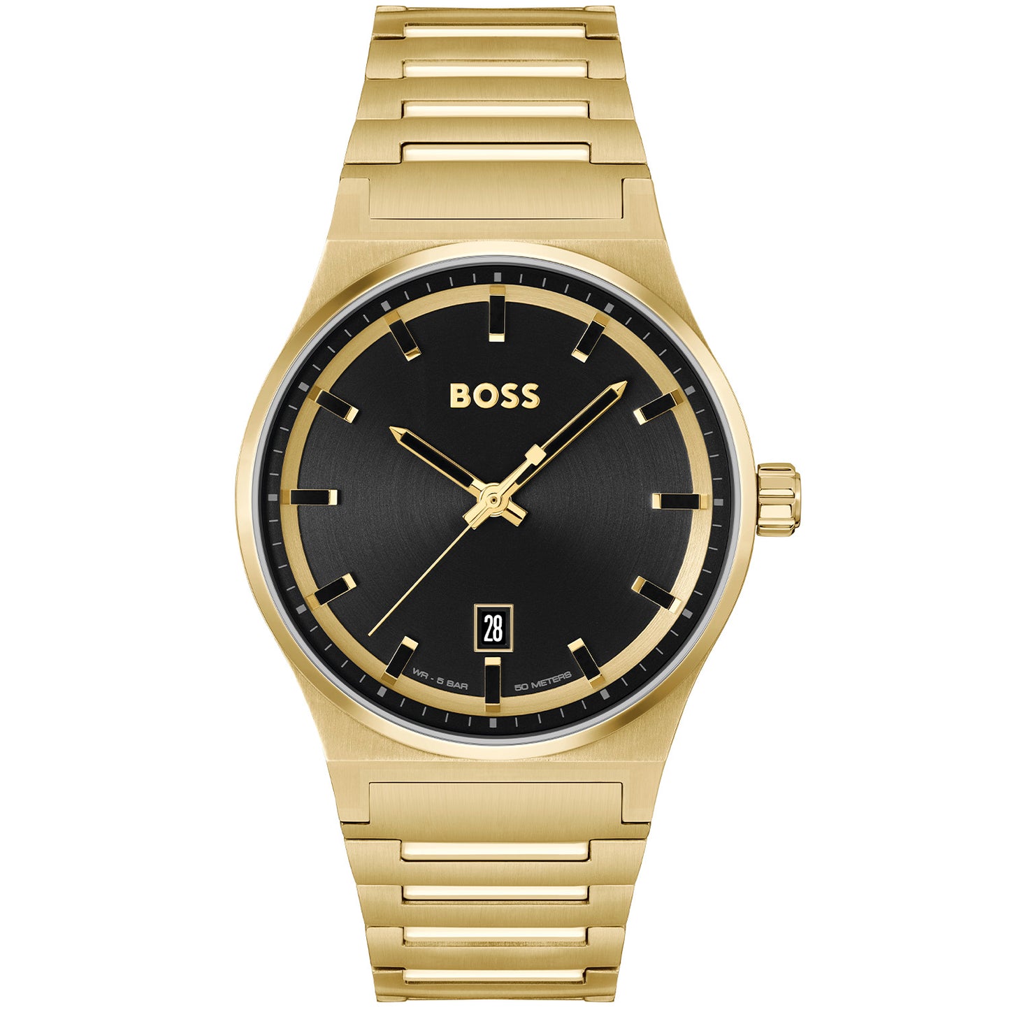 Elegante Damenarmbanduhr mit goldfarbenem Metallarmband und schwarzem Zifferblatt