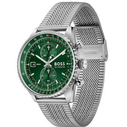 Herrenarmbanduhr BOSS mit grünem Zifferblatt, Edelstahl-Meshband und Drückern