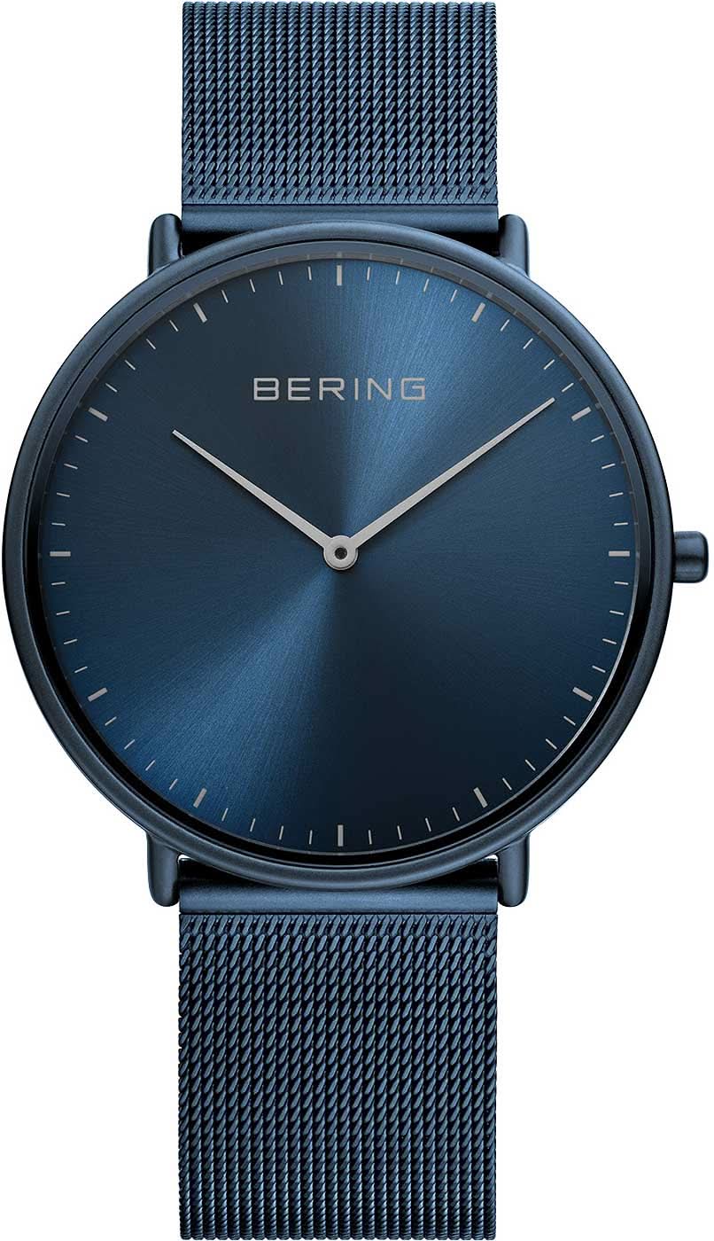 Zegarek Bering Ultra-Slim z niebieską tarczą i niebieską bransoletą typu mesh, analogowy