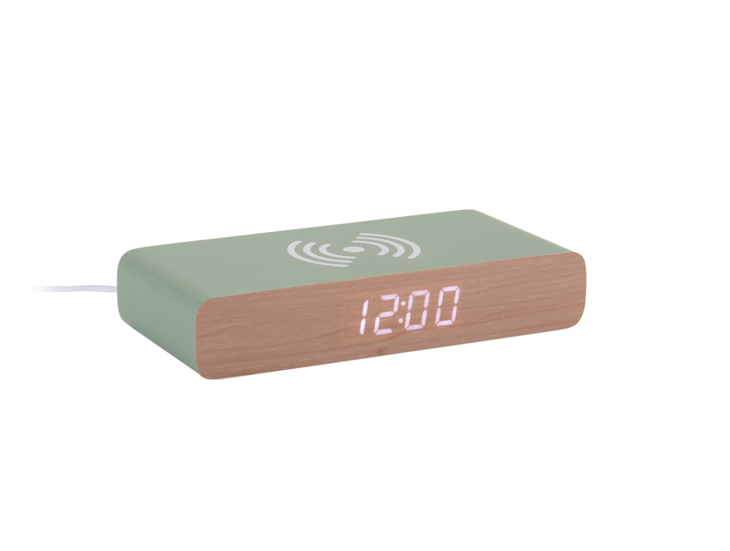 Retro budzik LED w kolorze dżunglowej zieleni z drewnianym bokiem i cyfrowym wyświetlaczem 12:00