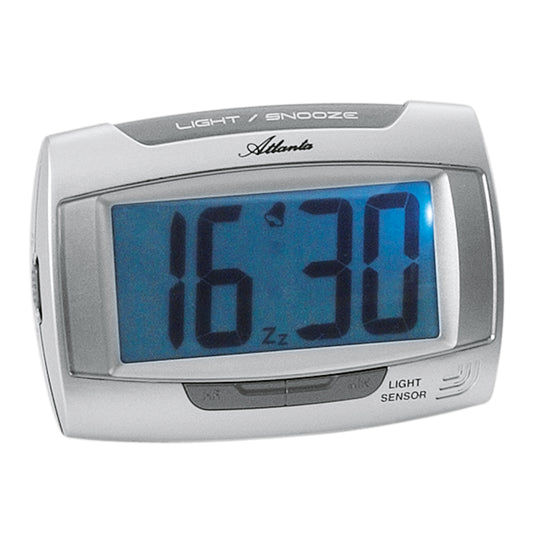 Cyfrowy budzik ze srebrną obudową i niebieskim wyświetlaczem LCD, funkcją Light/Snooze oraz czujnikiem światła