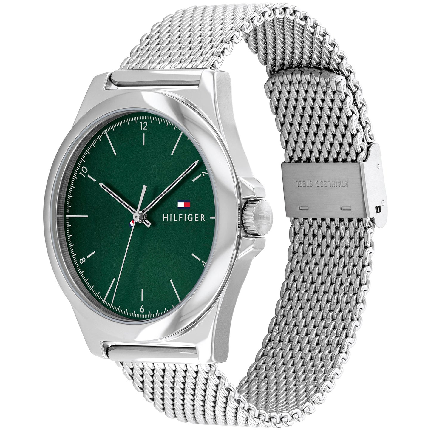 Herrenarmbanduhr mit grünem Zifferblatt und silberfarbenem Mesh-Armband