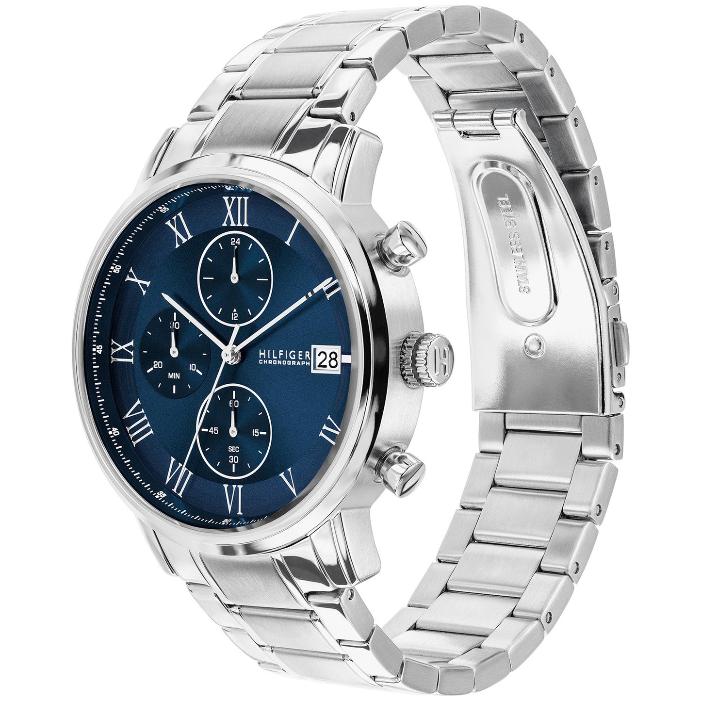 Herrenarmbanduhr, blaues Zifferblatt mit Chrono-Subdials, Edelstahlgehäuse und -armband