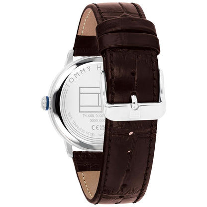 Tommy Hilfiger Uhr mit silberner Gehäuserückseite und braunem Lederarmband mit Dornschließe