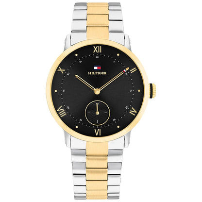 Tommy Hilfiger Herrenuhr mit schwarzem Zifferblatt, goldener Lünette und zweifarbigem Metallarmband