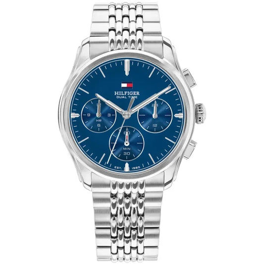 Zegarek męski Tommy Hilfiger ze srebrną bransoletą ze stali szlachetnej i niebieską tarczą, analogowy