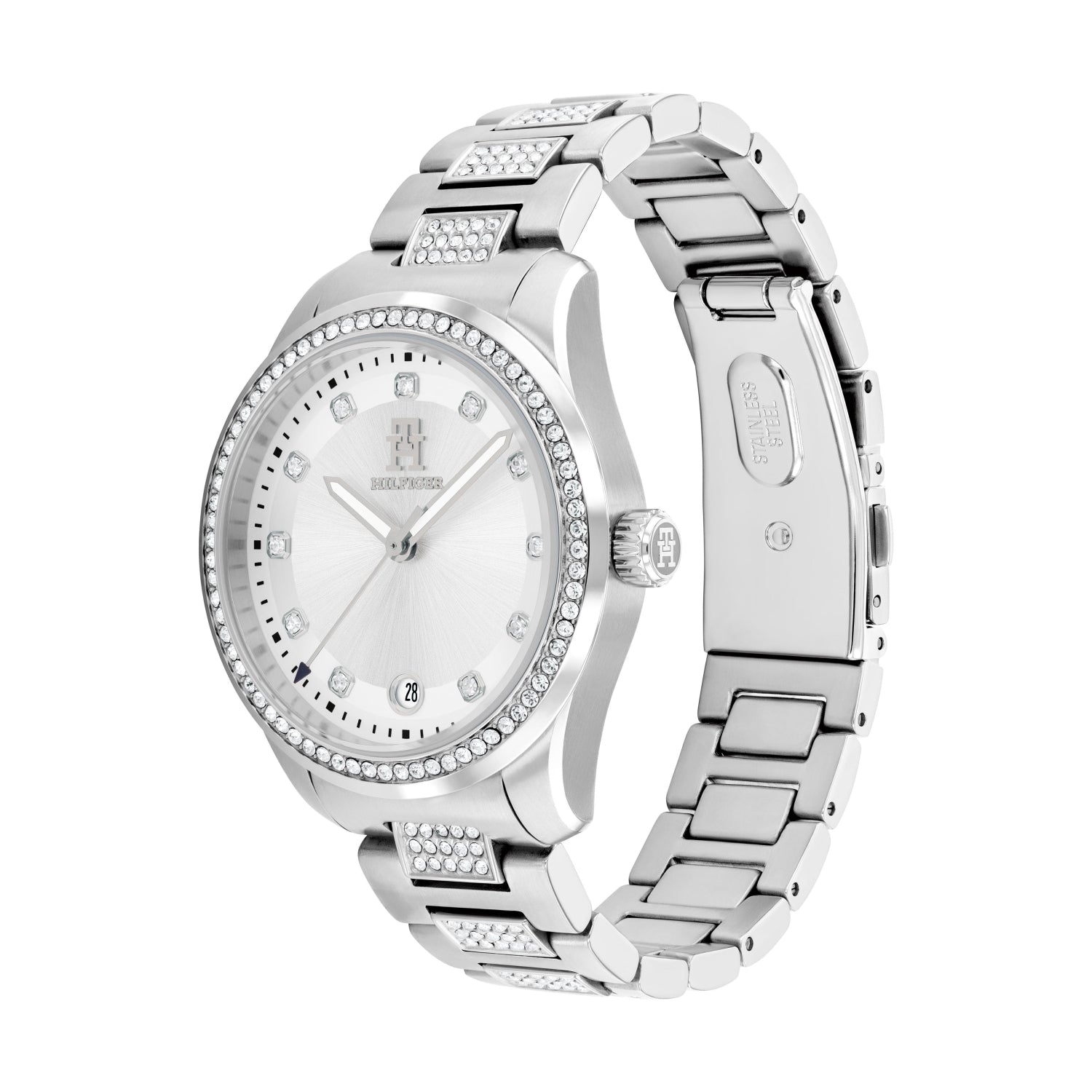 Damenarmbanduhr Tommy Hilfiger TH85, seitliche Ansicht in Silber mit Kristallapplikationen