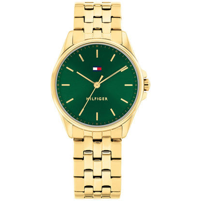Tommy Hilfiger Jade Damenuhr mit grünem Zifferblatt und goldfarbenem Edelstahlarmband