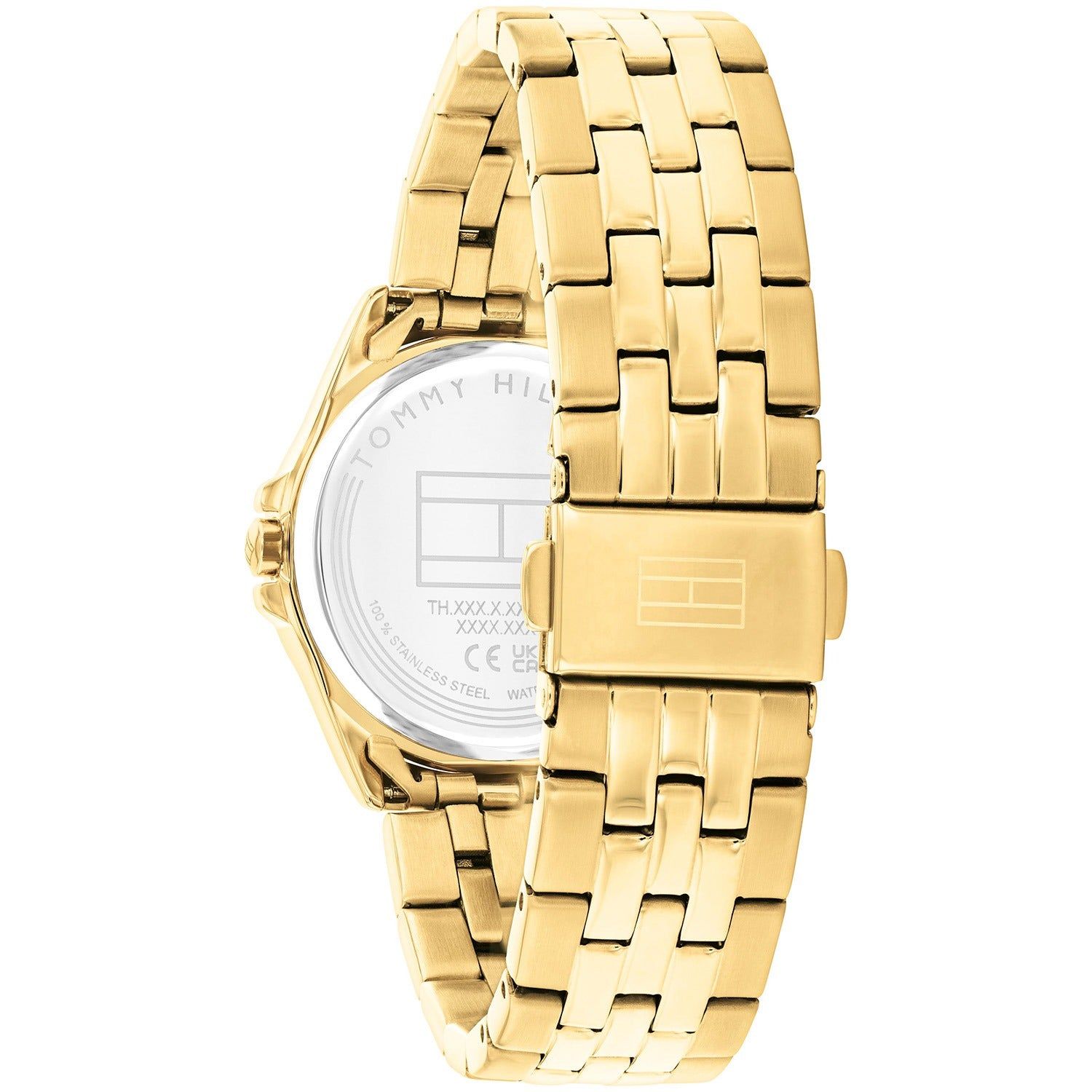 Tommy Hilfiger Jade Damenuhr mit goldfarbener Gliederkette und sichtbarem Gehäuseboden
