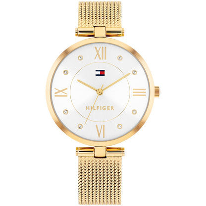 Tommy Hilfiger Ella Damenuhr mit goldfarbenem Milanaiseband, weißem Zifferblatt und Kristallindizes
