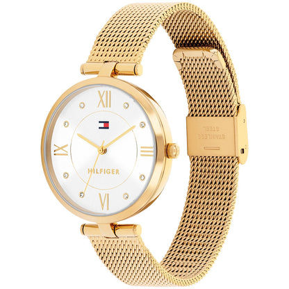 Tommy Hilfiger Ella Damenuhr mit goldfarbenem Milanaiseband und römischen Ziffern