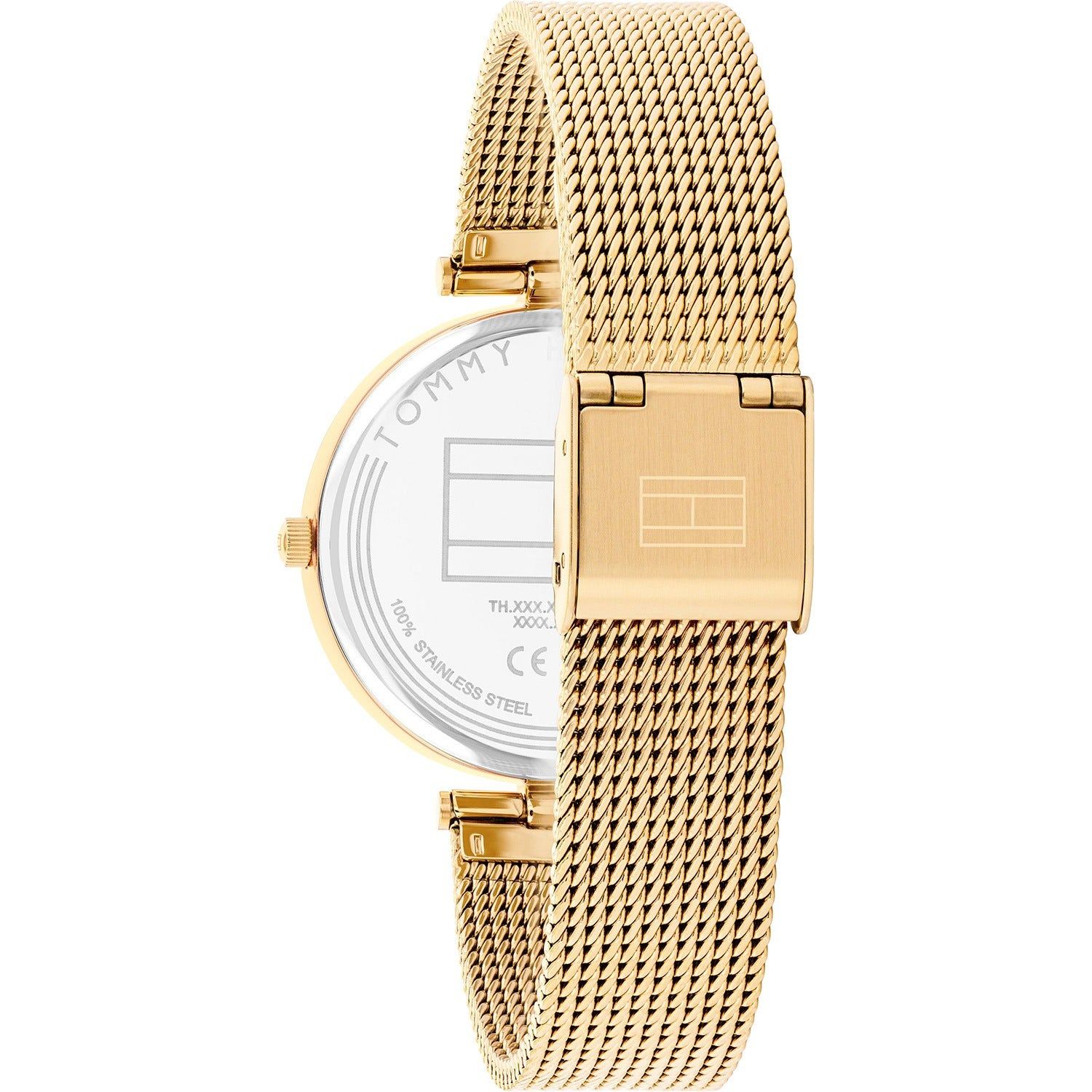 Tommy Hilfiger Ella Damenuhr mit goldfarbenem Milanaiseband und sichtbarem Gehäuseboden