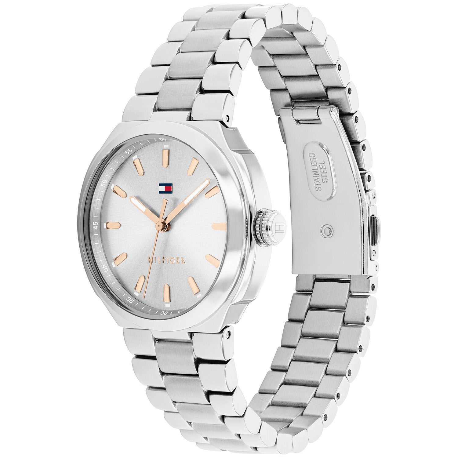 Damenarmbanduhr Tommy Hilfiger Georgia, Seitenansicht mit silbernem Edelstahlband und Krone