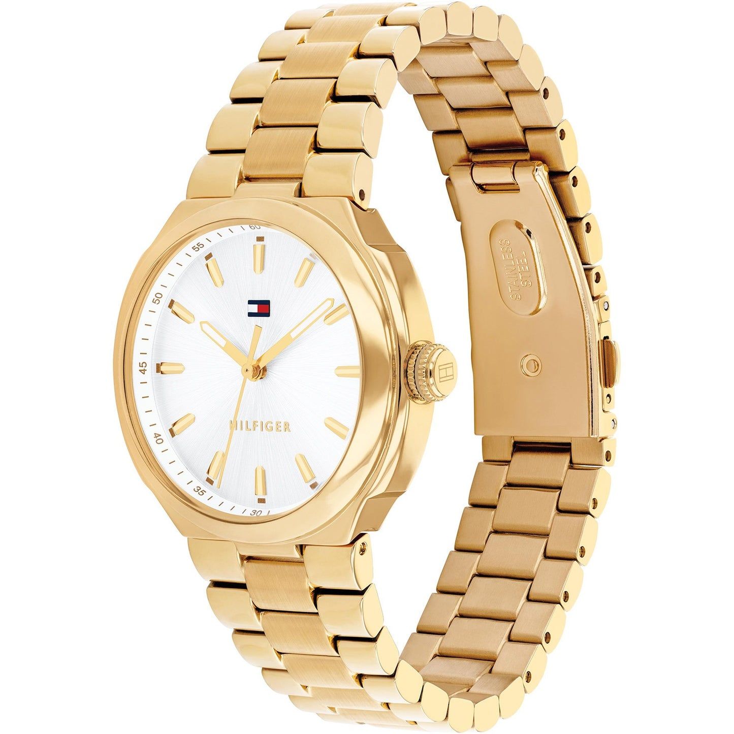 Tommy Hilfiger Georgia Uhr schräg gezeigt, mit goldfarbenem Gliederarmband und Faltschließe