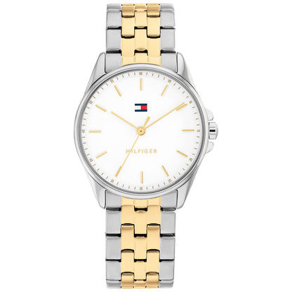Tommy Hilfiger Jade Damenarmbanduhr mit weißem Zifferblatt und zweifarbigem Metallarmband