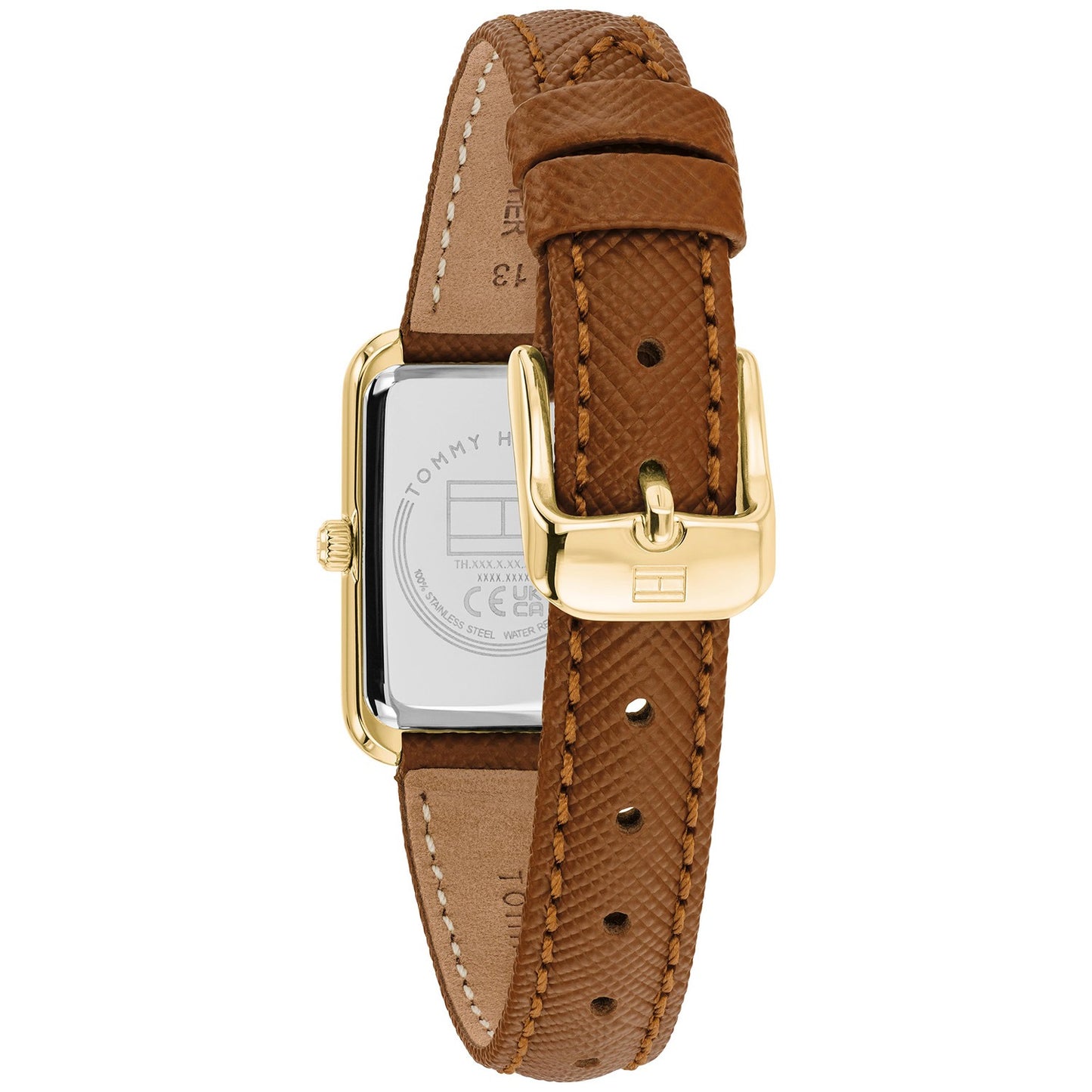 Tommy Hilfiger Daisy Armbanduhr mit braunem Lederband und goldfarbener Schließe, rechteckiges Gehäuse