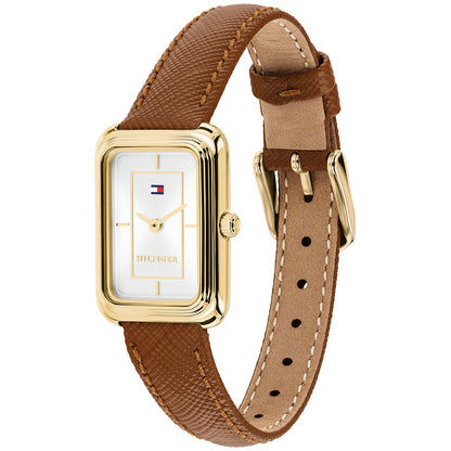 Tommy Hilfiger Daisy Armbanduhr mit braunem Lederband, goldfarbener Schließe und rechteckigem Zifferblatt