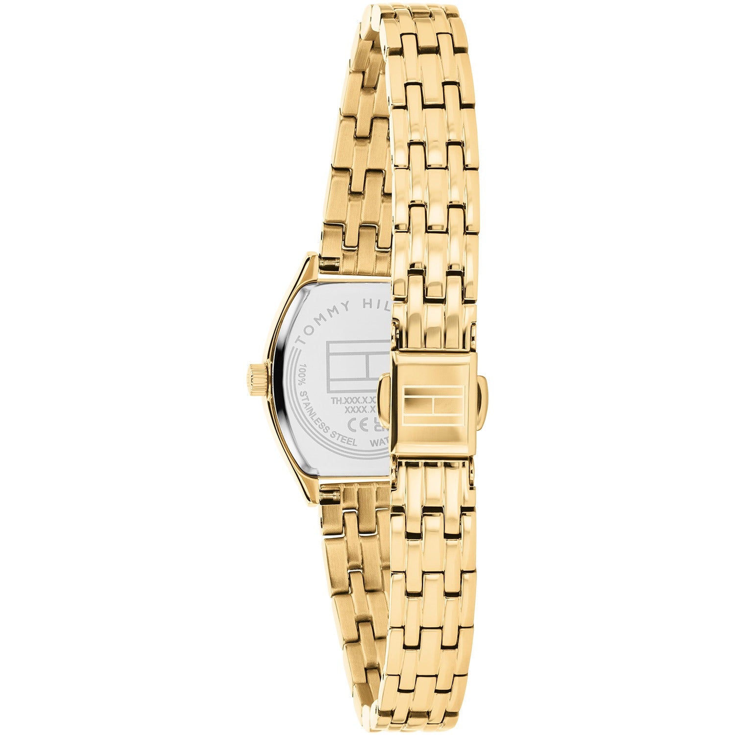 Tommy Hilfiger Damenarmbanduhr im Seitenblick mit goldfarbenem Gliederarmband und Gehäuse