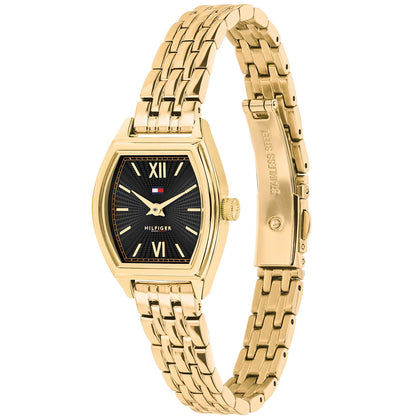 Tommy Hilfiger Damenarmbanduhr mit goldfarbenem Gliederarmband und schwarzem Zifferblatt