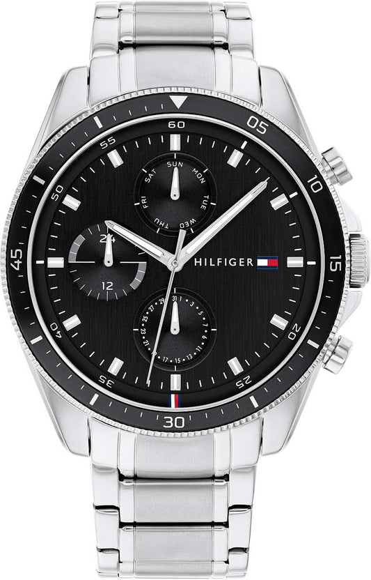 Zegarek męski Tommy Hilfiger Parker z czarną tarczą i bransoletą ze stali szlachetnej, chronograf.