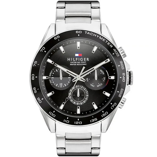 Zegarek męski Tommy Hilfiger z czarną tarczą, chronografem i metalową bransoletą