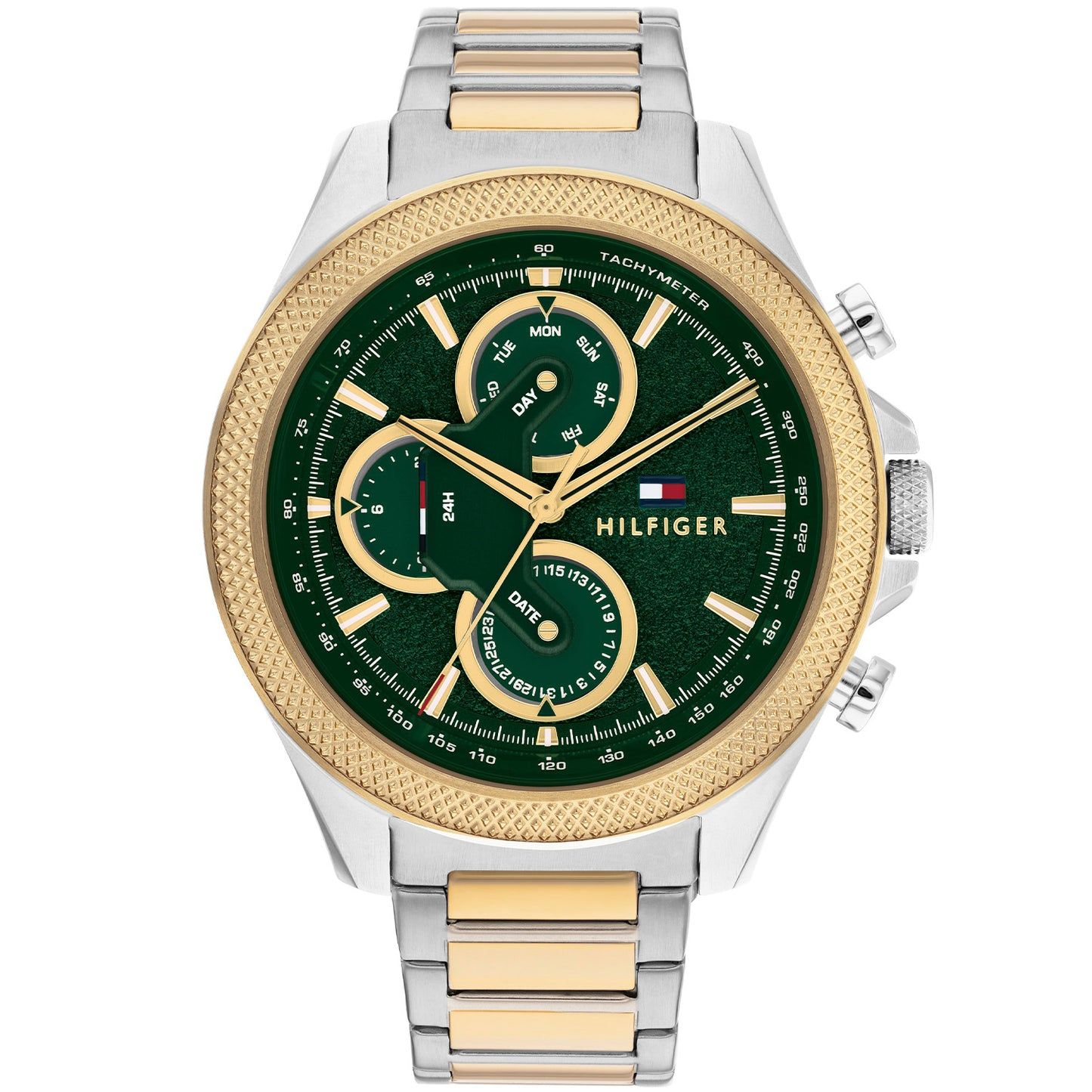 Tommy Hilfiger Bicolor Herrenuhr mit grünem Zifferblatt, Chronograf-Subdials und Datum