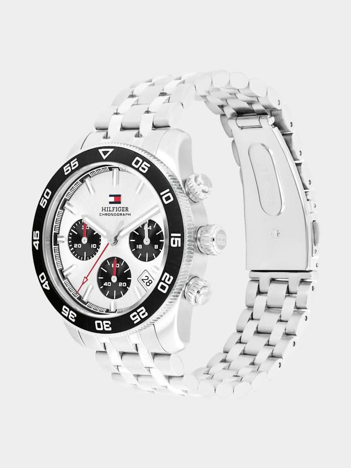 Tommy Hilfiger Herren-Chronograph mit silberfarbenem Edelstahlarmband, weißem Zifferblatt und schwarzer Lünette