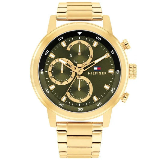 Zegarek męski Tommy Hilfiger Rocky z mechanizmem kwarcowym, złota bransoleta ze stali szlachetnej, czarna tarcza