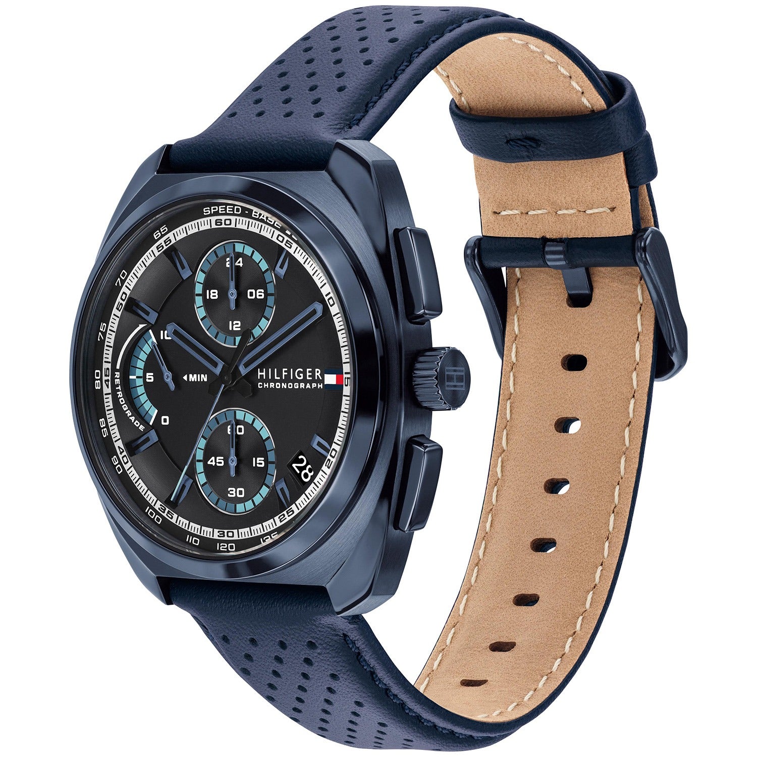 Herren-Chronograph seitlich: blaues Zifferblatt, dunkelblaues perforiertes Lederband, Stahllünette