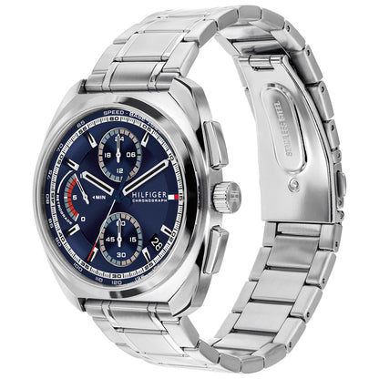 Edelstahl-Chronograph Tommy Hilfiger mit blauem Zifferblatt und mehreren Drückern.