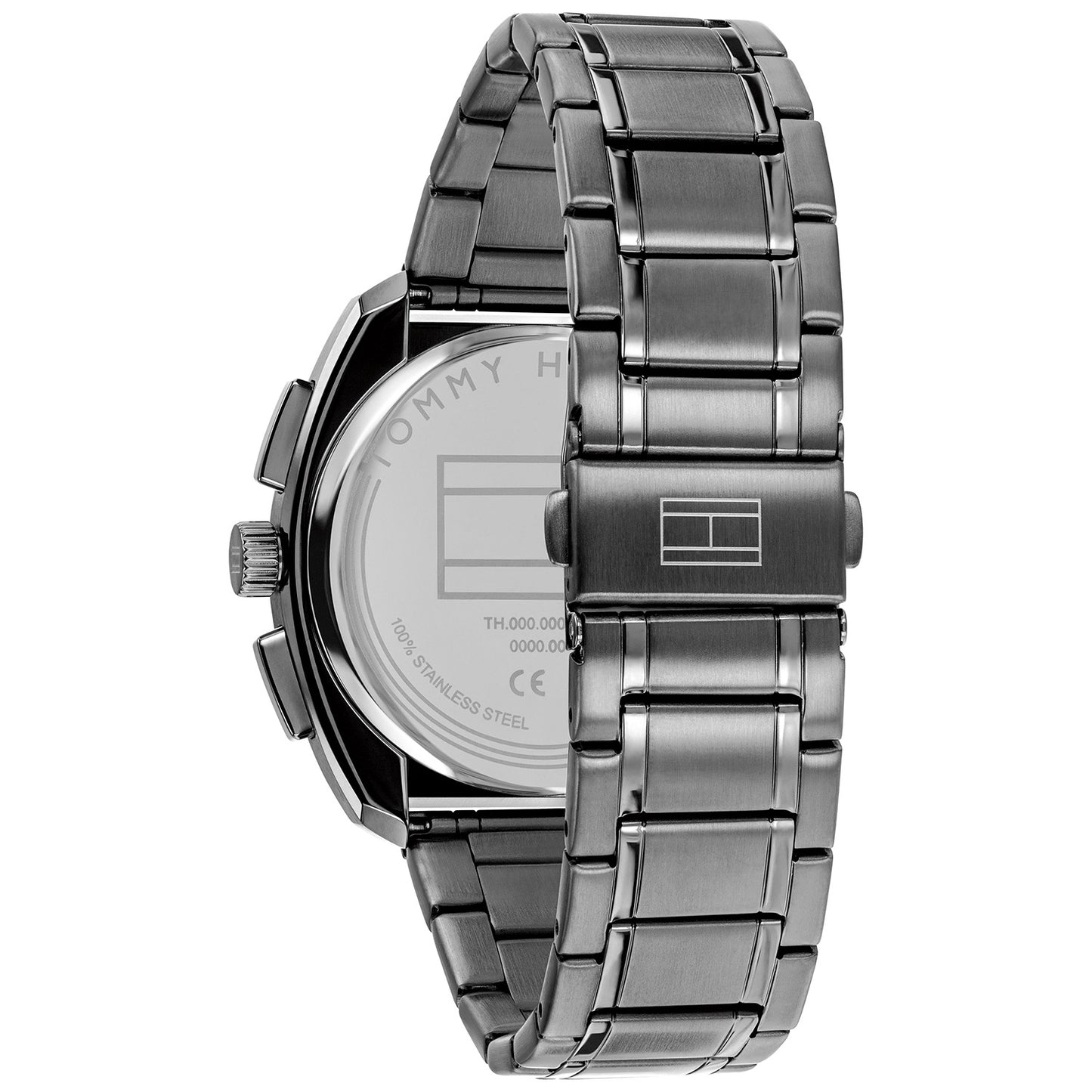 Tommy Hilfiger Chronograph, Seitenansicht: schwarzes Gehäuse mit Edelstahlband
