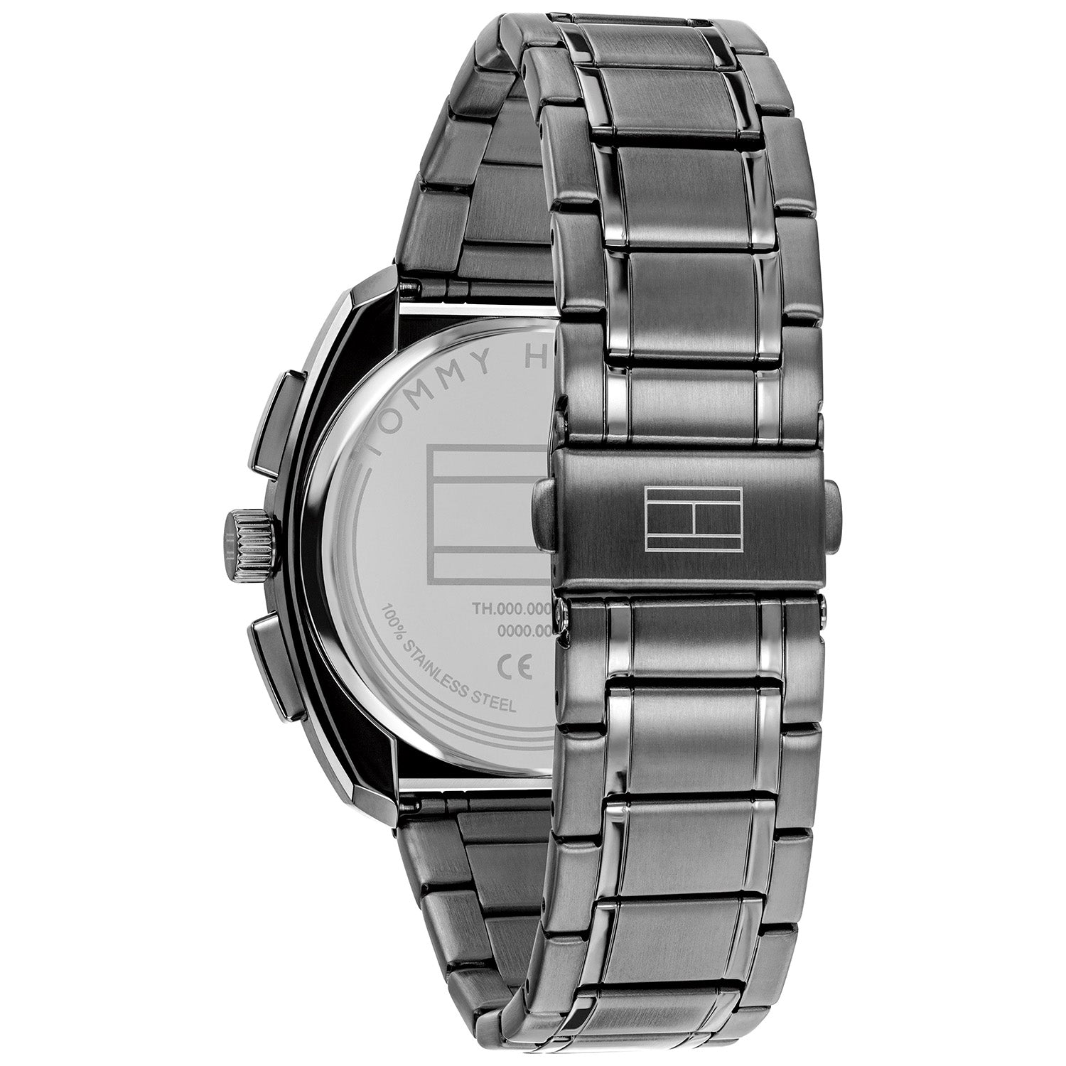 Tommy Hilfiger Chronograph, Seitenansicht: schwarzes Gehäuse mit Edelstahlband