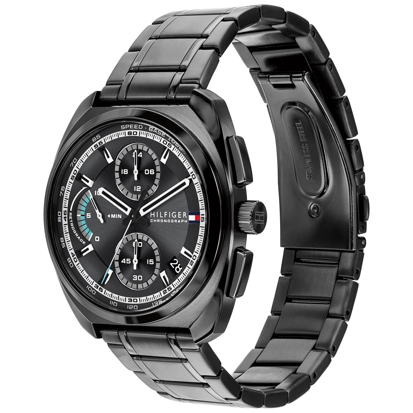 Tommy Hilfiger Chronograph mit sichtbarer Krone, schwarzes Edelstahlarmband und Zifferblatt