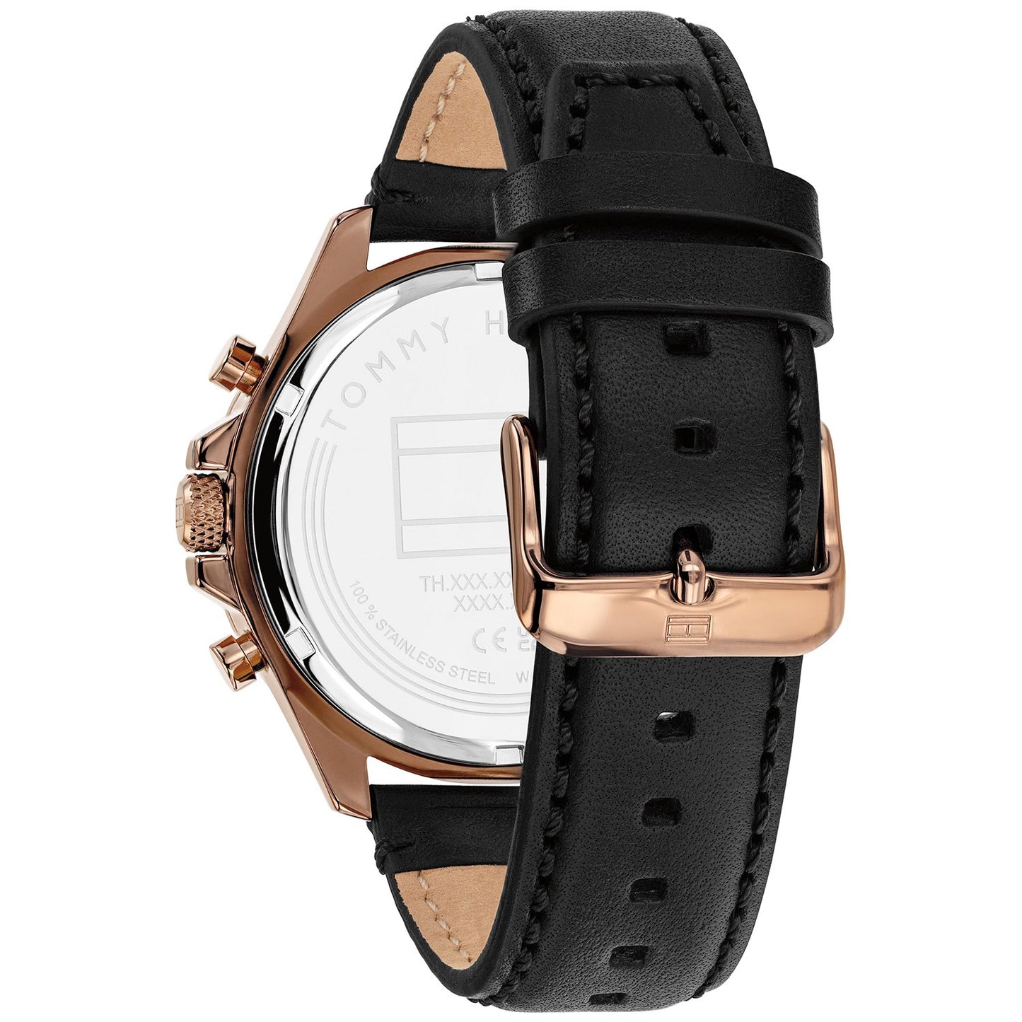 Tommy Hilfiger Herrenuhr mit schwarzem Lederarmband und roségoldenem Gehäuse