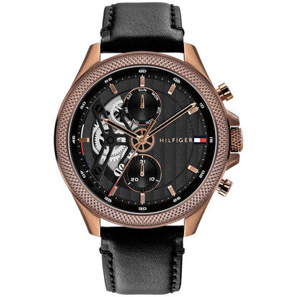 Tommy Hilfiger Herrenarmbanduhr mit schwarzem Lederarmband und schwarzem Zifferblatt