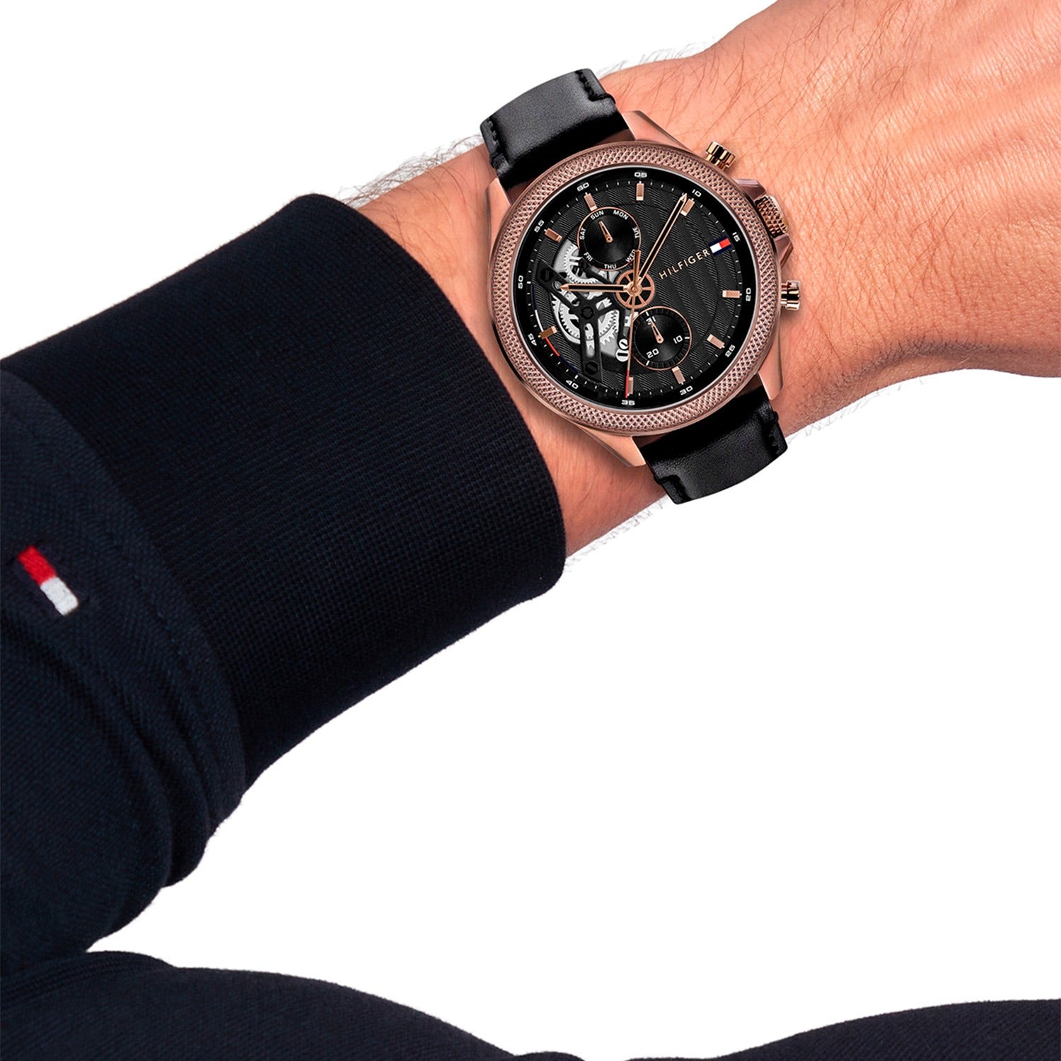 Tommy Hilfiger Herrenarmbanduhr mit schwarzem Lederarmband und schwarzem Zifferblatt