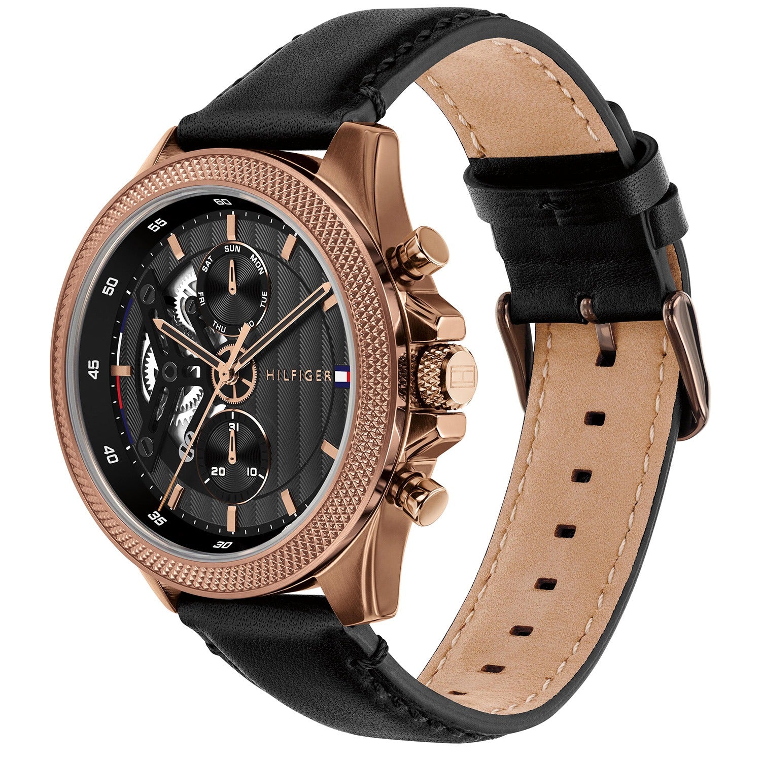 Tommy Hilfiger Herrenarmbanduhr mit schwarzem Lederarmband und roségoldenem Gehäuse