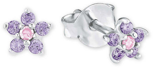 Kolczyki wkrętki w kształcie kwiatów wykonane z metalu z fioletowymi i różowymi kamyczkami.