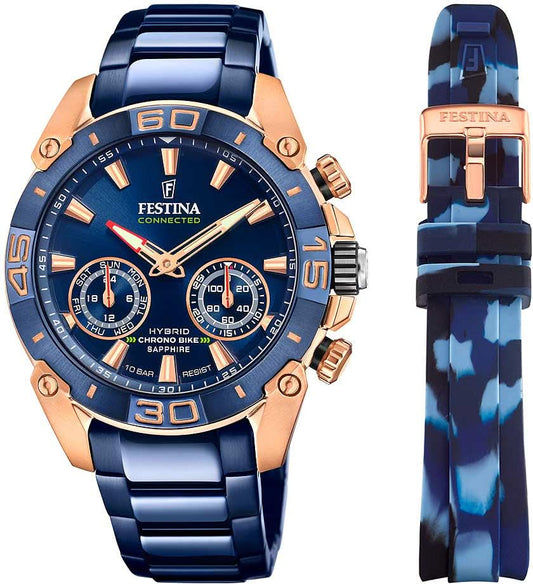 Zegarek męski Festina z niebieską tarczą, chronografem i złotym pierścieniem