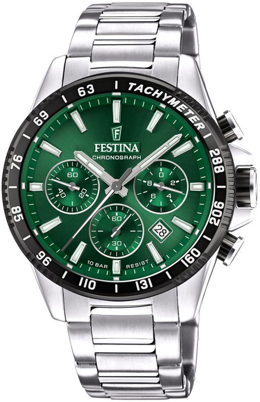 Męski zegarek Festina Chronograph z zieloną tarczą i bransoletą ze stali szlachetnej