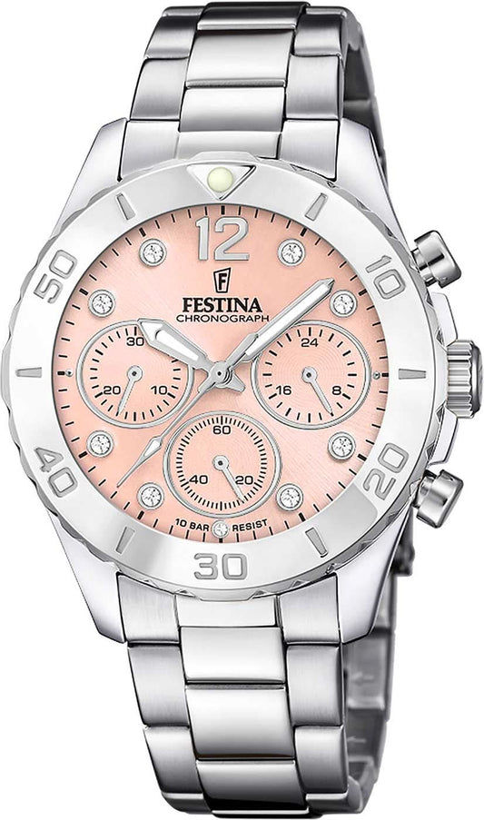 Zegarek damski Festina: różowa tarcza, bransoleta ze stali szlachetnej, chronograf