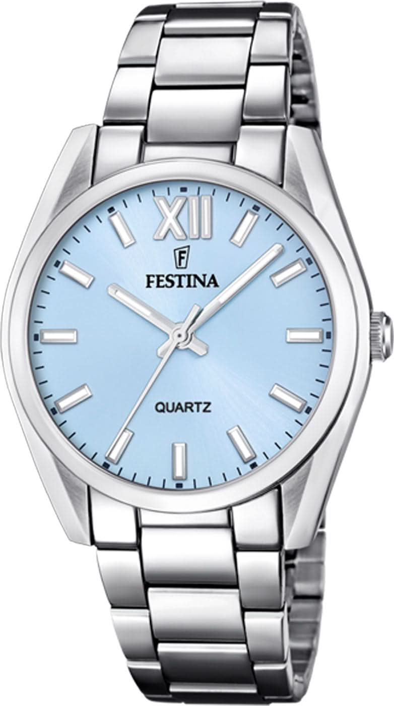 Zegarek damski Festina z niebieską tarczą i bransoletą ze stali szlachetnej, cyfry rzymskie, mechanizm kwarcowy