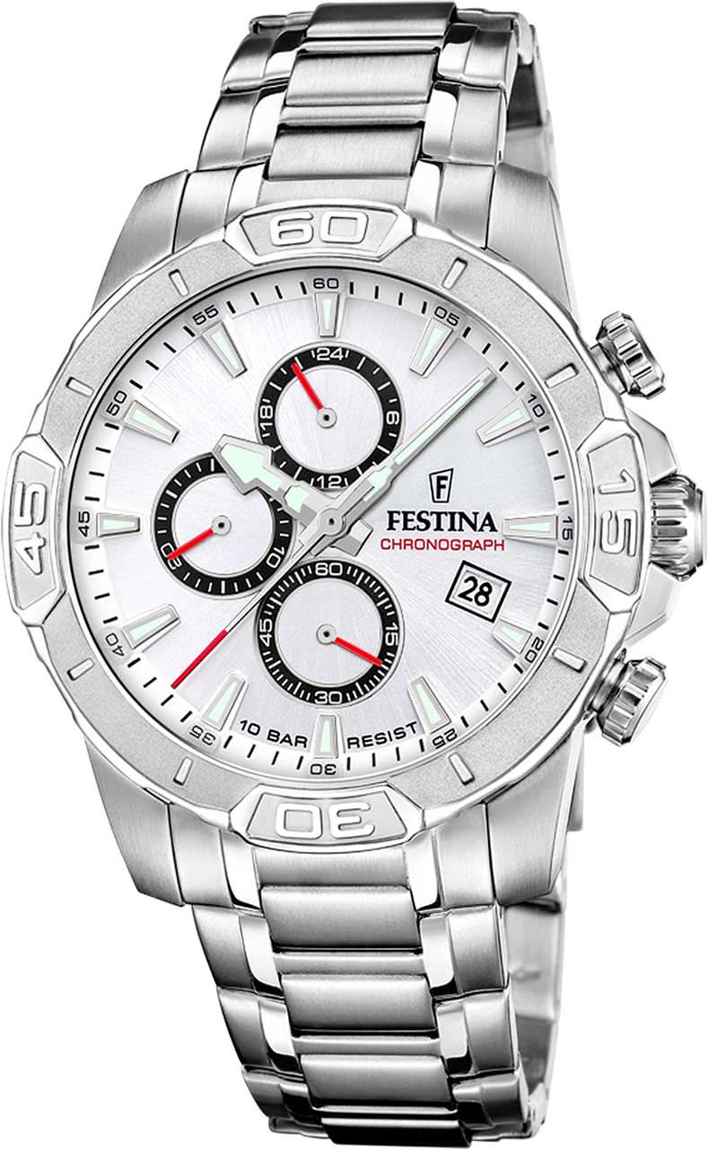 Chronograf męski Festina, srebrna tarcza, bransoleta ze stali szlachetnej, subtarcze chronografu