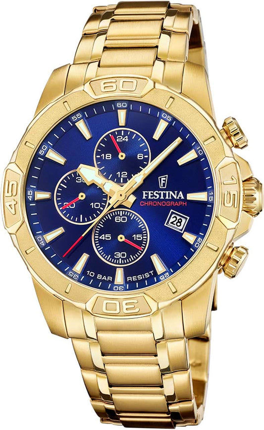Męski zegarek Festina typu chronograf z niebieską tarczą i bransoletą ze stali szlachetnej w kolorze złota