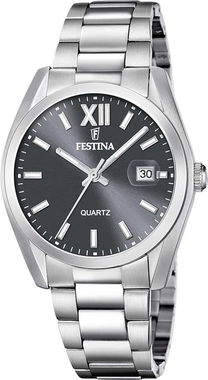 Męski zegarek Festina z czarną tarczą, bransoletą ze stali szlachetnej i datownikiem